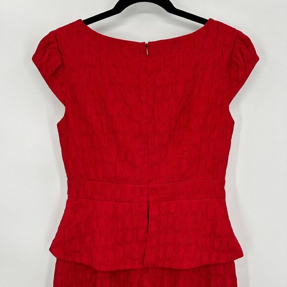 KAY UNGER Red Textured Peplum Knee Length Pleated Sheath Dress Size 2 - Picture 5 of 7